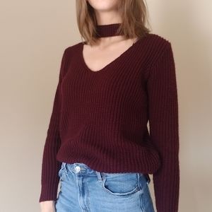 Marron v neck knit sweater with collar